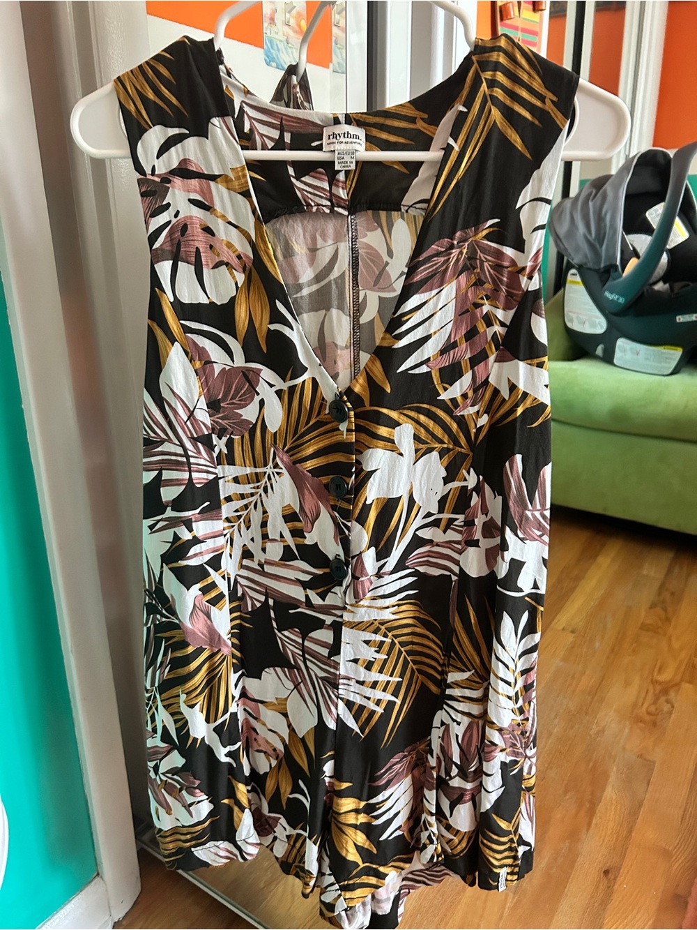 Rhythm. Black Tropical-Print Sleeveless V-Neck Dress